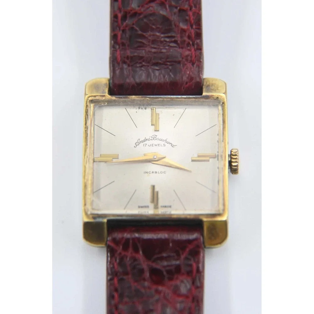Andre Bouchard 17 Jewels Incabloc Vintage Swiss Watch Gold Tone Square Burgundy
